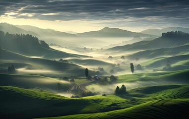 Wall Mural - A foggy sunrise over the mountains with river.