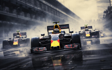 A racing of formula one car on the tracks at the stadium.