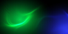 Abstract Futuristic Blue And Green Wave With Moving Dots. Flow Of Particles With Glitch Effect. Ideal Vector Graphics For Brochures, Flyers, Magazines, Business Cards And Banners. Vector.