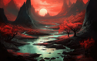 Wall Mural - Red sunset in the mountains. 
