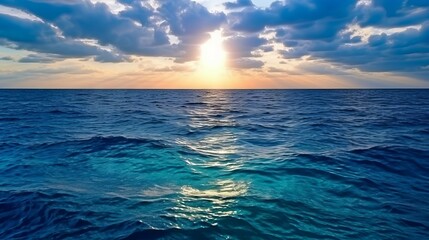 Poster - Beautiful sunset over the sea. The sun is reflected in the water. Sunset over the sea with blue sky and clouds reflected in water. AI generated illustration