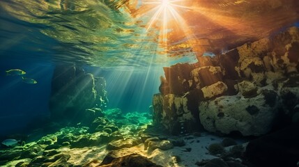 Wall Mural - Underwater view of the rocks with sunlight rays  in the Mediterranean Sea.  Beautiful underwater world with crystal clear turquoise sea water and bright sunbeams. Composition of nature . 3d render