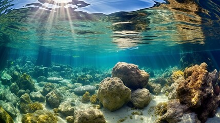 Wall Mural - Underwater view of the rocks with sunlight rays  in the Mediterranean Sea.  Beautiful underwater world with crystal clear turquoise sea water and sunbeams. Composition of nature . 3d render