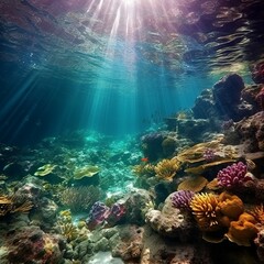 Wall Mural - Underwater view of the rocks and coral reef in the Mediterranean Sea.  Beautiful seascape with turquoise sea water. Composition of nature. Beautiful seascape with crystal clear water. 3d render
