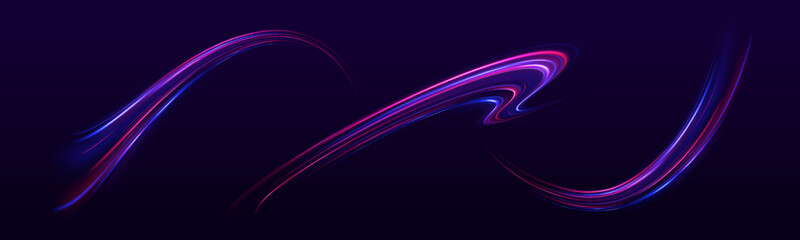 Wall Mural - Abstract neon light motorway background. Magic bright shine glow of energy lines, shiny swirl power waves flow, electric trail glowing in dark background