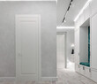 © Alina - 3D visualization of a hallway with a mirror at the entrance in light colors, a comfortable soft seat and lockers for outerwear. Modern interior.  Minimalizm. Design concept