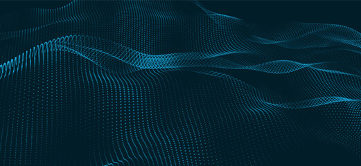 Wave of particles. Futuristic dots pattern on dark background. Big data digital code. Technology or Science Banner. 3D rendering. Vector illustration.