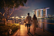© Rytis - Young couple traveling and walking in Singapore. City in background. Man and woman view from behind. Sunset summer background. Generative AI