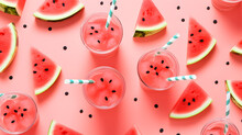 Watermelon Smoothie In Glasses With Straws And Slices Of Waterlemon On Pink Backgroun Top View