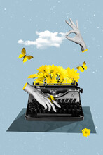 Collage 3d Image Pinup Pop Artwork Of Hands Typing Copywriter Mechanical Vintage Keyboard Yellow Bouquet Daisy Isolated On Blue Background