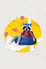 Sticker - Composite collage artwork of headless surreal raccoon animal mask freak lying beanbag comfort chill room isolated on yellow background