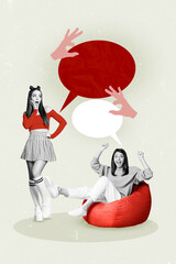 Poster - Collage of young two girls lying pouf together speaking dialogue discussion chatterbox copyspace bubbles isolated on grey background