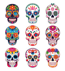 Wall Mural - Hand drawn flat dia de muertos skulls collection, Decorated mexican skulls 