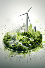 Visual and infographic of a green city in a circle field, windmill, sustainability concept.