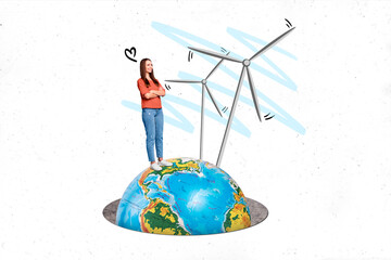 Collage picture illustration metaphor of cute lady watching propellers wind farm european green energy earth isolated on white background