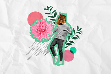 Sticker - Collage photo illustration metaphor artwork of headless man animal tiger masquerade party hold pink flower isolated on white background