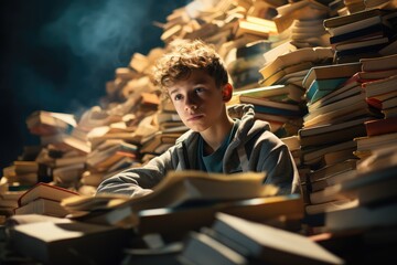 A young student between a pile of textbooks, ready to conquer the new school year