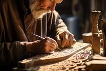 Master Old Man's Hobbyist Hands Sculpting Carving Wooden Figures Sculptures Leisure Time Wood Hobby Creating By Man Pure Artwork Dusty Rustic Sunny Workshop Room During Artist's Creative Workflow 