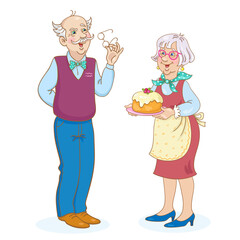 Sticker - Grandfather and grandmother with with a beautiful cake. In cartoon style. Isolated on white background. Vector illustration.