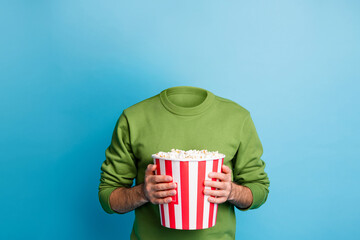 Poster - Picture photo sketch collage of unknown unusual weird anonymous guy hold bucket pop cort watching movie isolated on blue color background