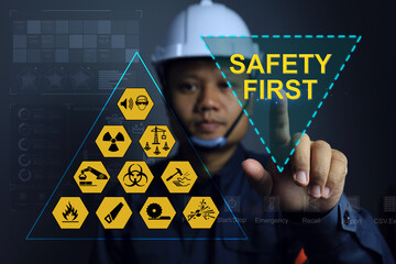 Wall Mural - engineers or supervisors pointing to the safety sign, safety first to remind team members to strictl