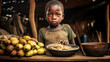 An undernourished boy gazes longingly at a meager meal, underscoring the widespread issue of food scarcity in impoverished regions AI generated