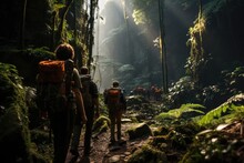 Adventure Film Scene: Explorers' Vivid Gear Contrasts With A Dense Jungle's Monotonous Green, Evoking Thrill And Danger. Generative AI.
