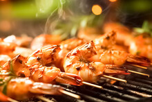 Delicious Marinated Shrimp Skewers On The Grill. Grilled Shrimp On Sticks.
