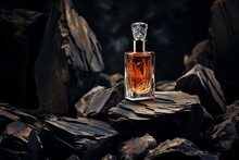 Perfume Glass Bottle On Stone On A Dark Background. Generative Ai. 