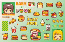 Pixel Art Retro Fast Food Set. 8bit Retro Style Vintage Bakery, Sweets, Drinks And Snacks. Sandwich, Fries, Ice Cream, Hot Dog, Muffin, Nuggets, Burger, Pizza. Pack Of Emoji, Stickers Or Badges.	