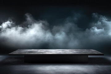 empty black marble table podium with black stone floor in dark room with smoke. high quality photo