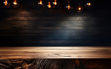 empty wooden table in front of blurred wooden wall and light lamp background. ready for product disp