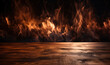 Wooden table and fire on black background. High quality photo