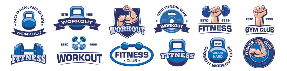 fitness logo set. workout sign set. flat style.