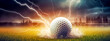 golf ball on green lawn, motion energy and lightning, banner made with Generative AI