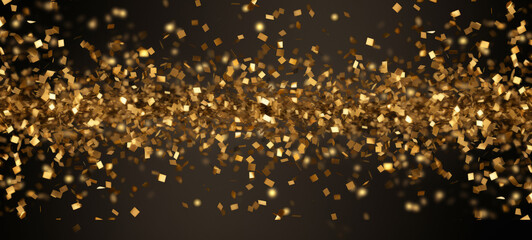 Aufkleber - Festive carnival new year's eve celebration party banner texture - Falling shiny golden confetti isolated on black dark night background (Generative Ai)