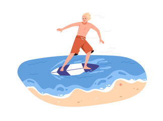 Wall Mural - Happy active man skimming, surfing on skimboard. Surfer standing on water board in sea on summer holiday, vacation. Outdoor sport activity. Flat vector illustration isolated on white background