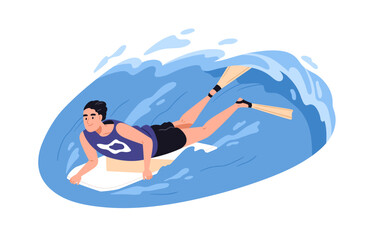 Wall Mural - Bodyboarding in sea. Prone bodyboarder riding wave, surfing in water, lying on boogie board. Person in flippers during summer sport. Flat graphic vector illustration isolated on white background