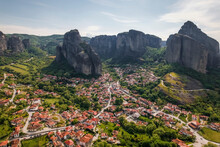 Aerial View Of Kalabaka Town In Meteora Among The Natural Rock Pillar Formation, Thessaly, Greece.
