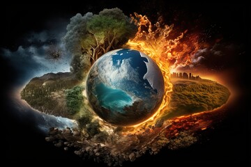 climate change - earth is covered in the four major elements of wind, fire, earth, and water
