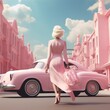 © customer solution - fashion woman walking, street, dress, pink, car, matte painting style, pastel tones