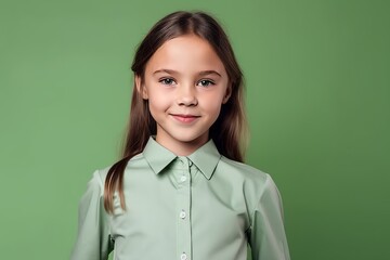 Wall Mural - Portrait of a little girl in a green shirt on a green background