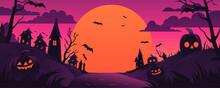 Halloween Pumpkins, Bats, Graveyard And Scary Buildings Against The Backdrop Of A Big Orange Moon. Vector Illustration. Festive Flyer, Poster Or Banner.