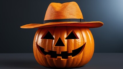 Sticker - A pumpkin with a hat on top of it. Generative AI image.