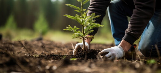 Planting new trees. planting new trees in an open area of a mountain. conifer trees. Hand edited generative AI. 