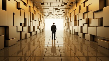Wall Mural - a man in a suit is standing in a hallway. generative ai image.