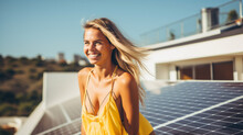 Beautiful Blonde Girl Standing In Front Of Her Home With Solar Panels On The Roof