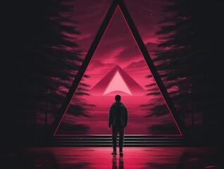 Wall Mural - a man standing in front of a red triangle. generative ai image.