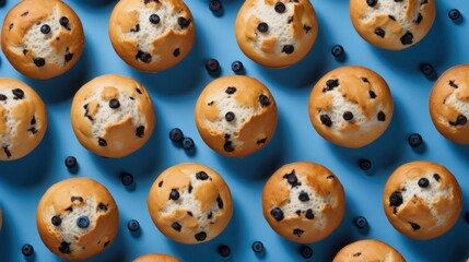 Wall Mural - Blueberry muffins on a blue background pattern