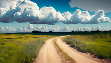 Scenic View Of Dirt Road And Grassy Field With Large Cumulus Clouds In The Sky,  Copy Space